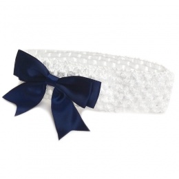 Baby Girls White Crochet Headband with Medium Satin Navy Bow